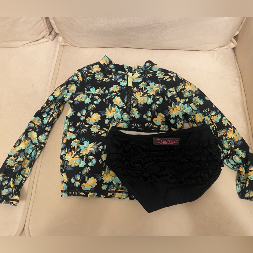 Ruffle Butts Floral Kids Swim Rashguard Set - Black and Yellow Size 5